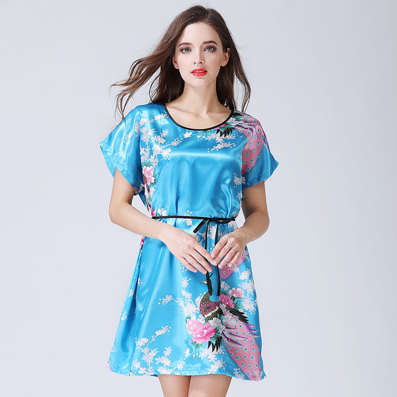 Imitation Silk Nightdress Round Neck And Thin Belt Women's Silk Pajamas
