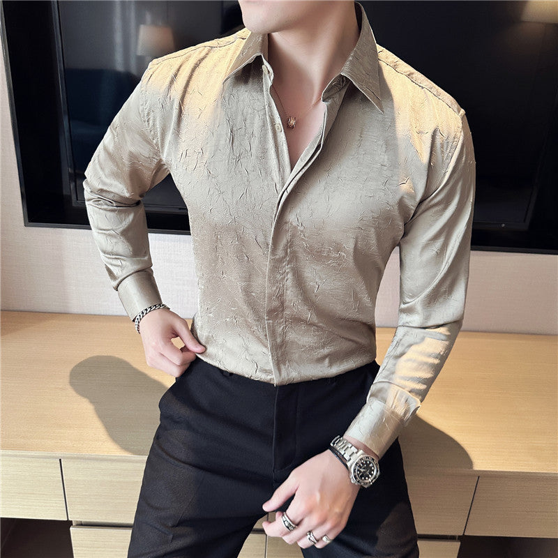 Design Men's Ice Silk Thin Large Texture Long Sleeve Shirt