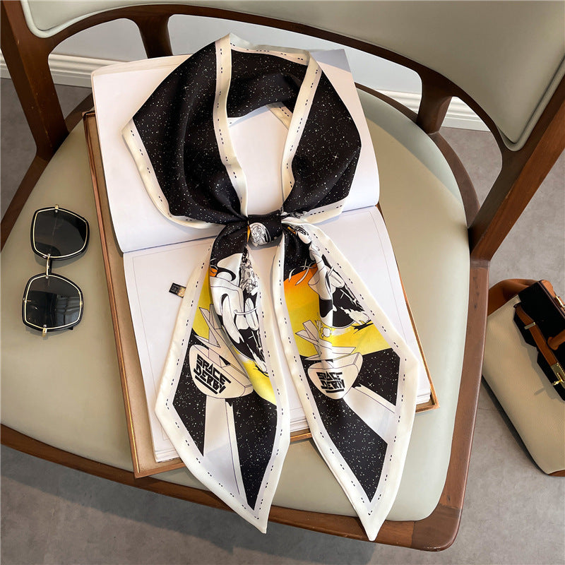 Thin Narrow Long Shirt Scarf Houndstooth Design Double Layer Imitated Silk Scarves Women's Hair Tie