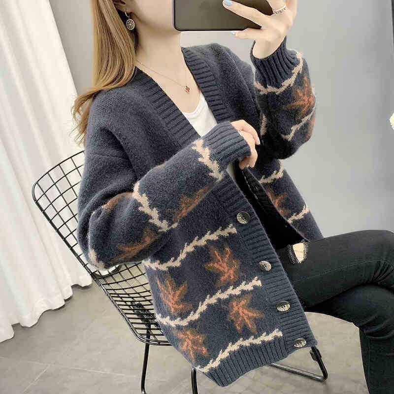 Maple Leaf Jacquard Knitted Cardigan Women's Loose Sweater