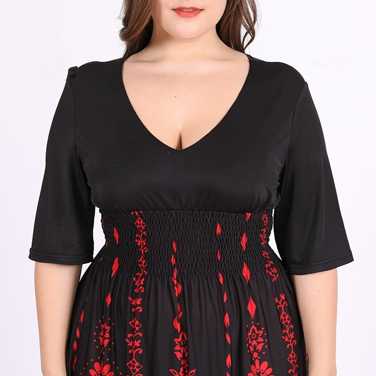 Women's Loose Round Neck Ice Silk Printed Large Swing Dress