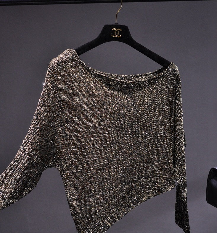 Sequined Slant Shoulder Bright Silk Gold Thread Pullover Top