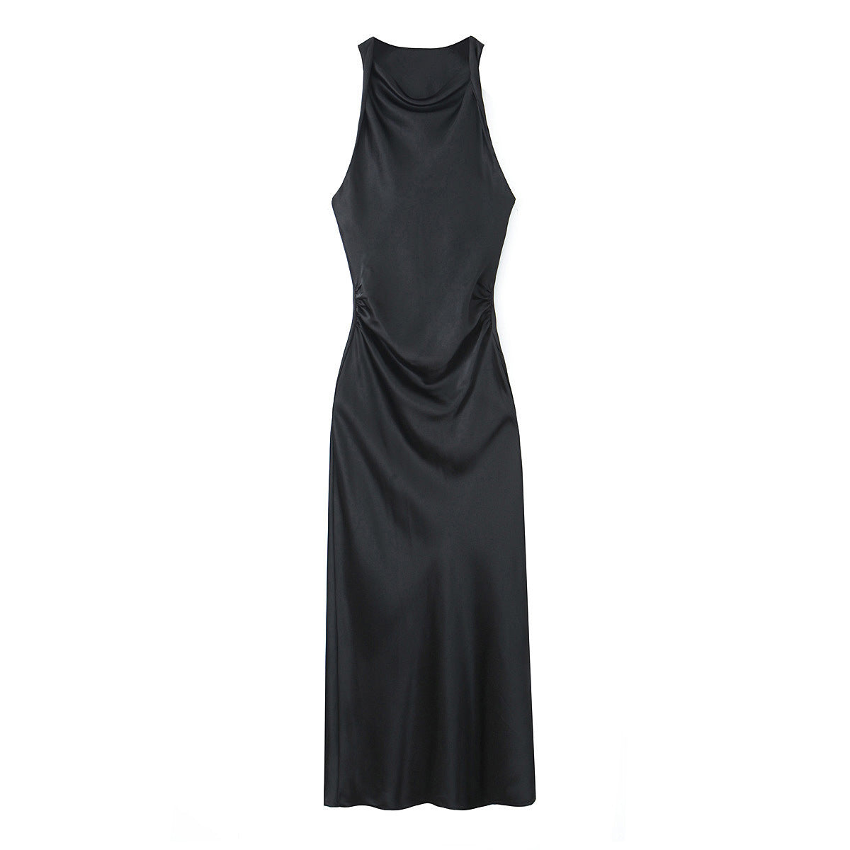Women's Fashion Sleeveless Pleated Waist Tight Silk Satin Dress