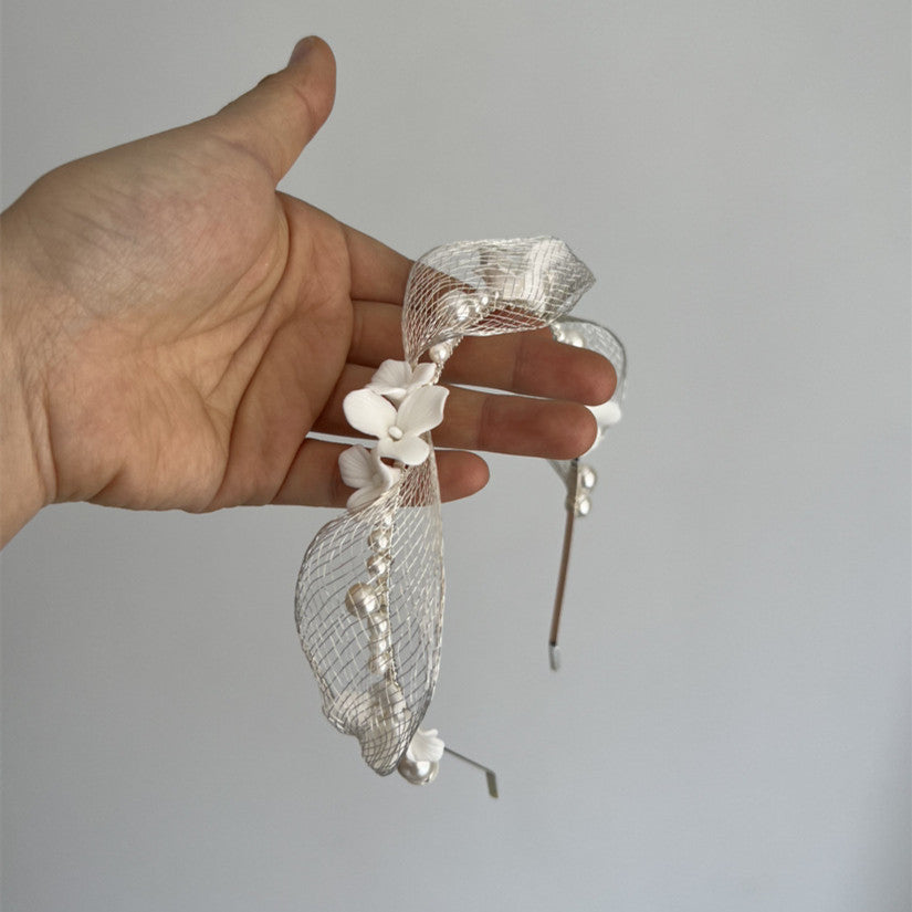 Bridal Netting Silver Silk Thread Ceramic Hard Porcelain White Floral Tiara