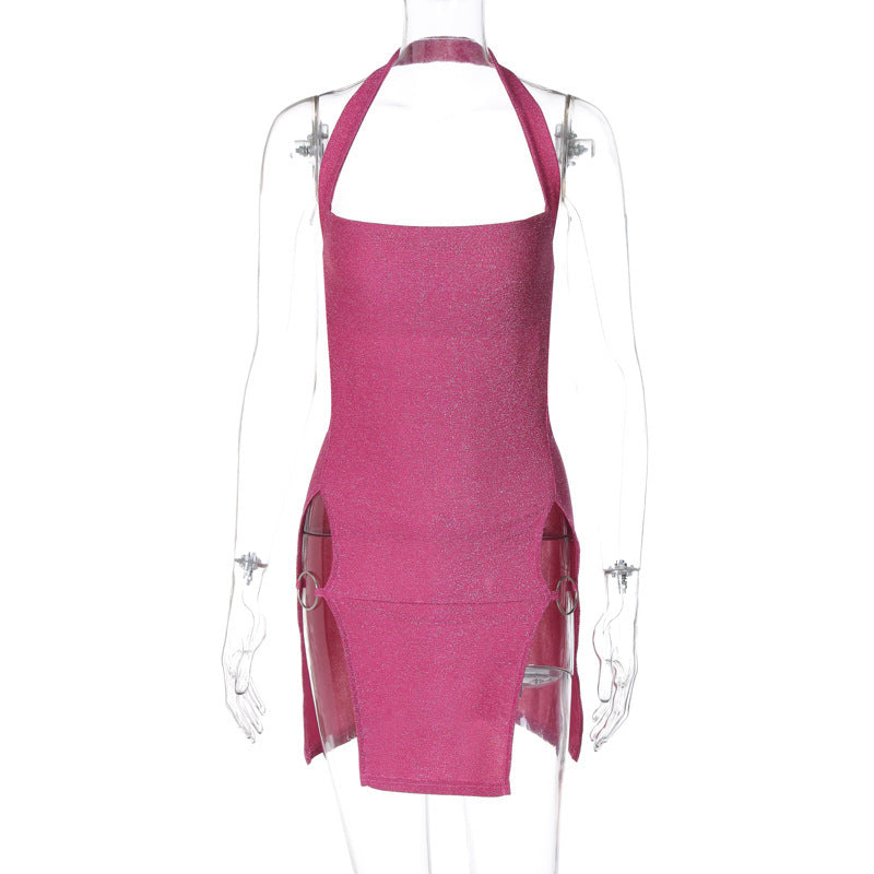 Women's Halter Split Bright Silk Sheath Dress