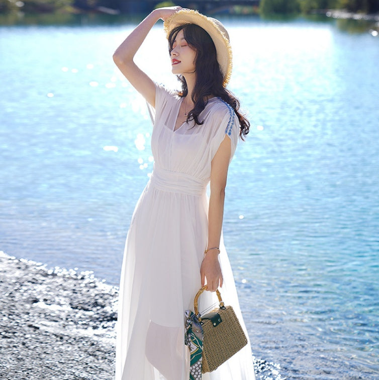 Temperament Solid Color Waist Silk Long Dress