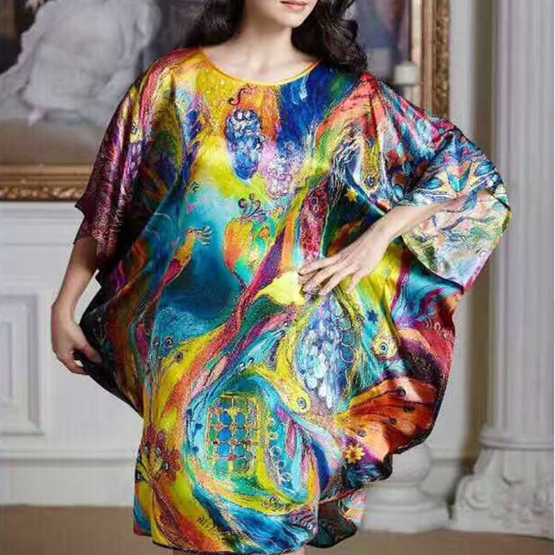 Inkjet Bat Shirt Women's Spring And Summer Home Service New Style Silk Silk Pajamas Nightdress Loose