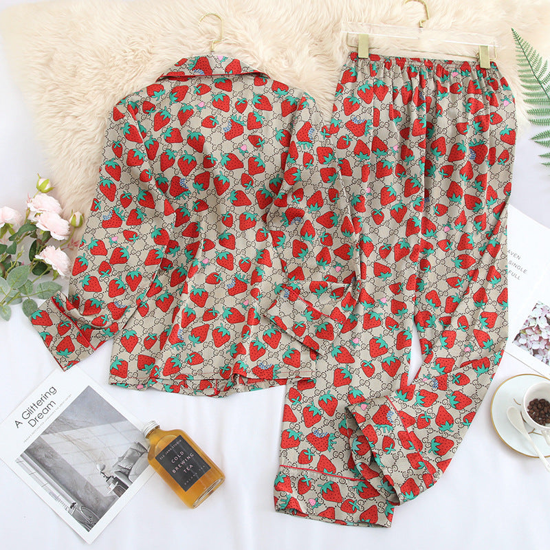 Women's Silk-like Two-piece Strawberry Long-sleeved Homewear