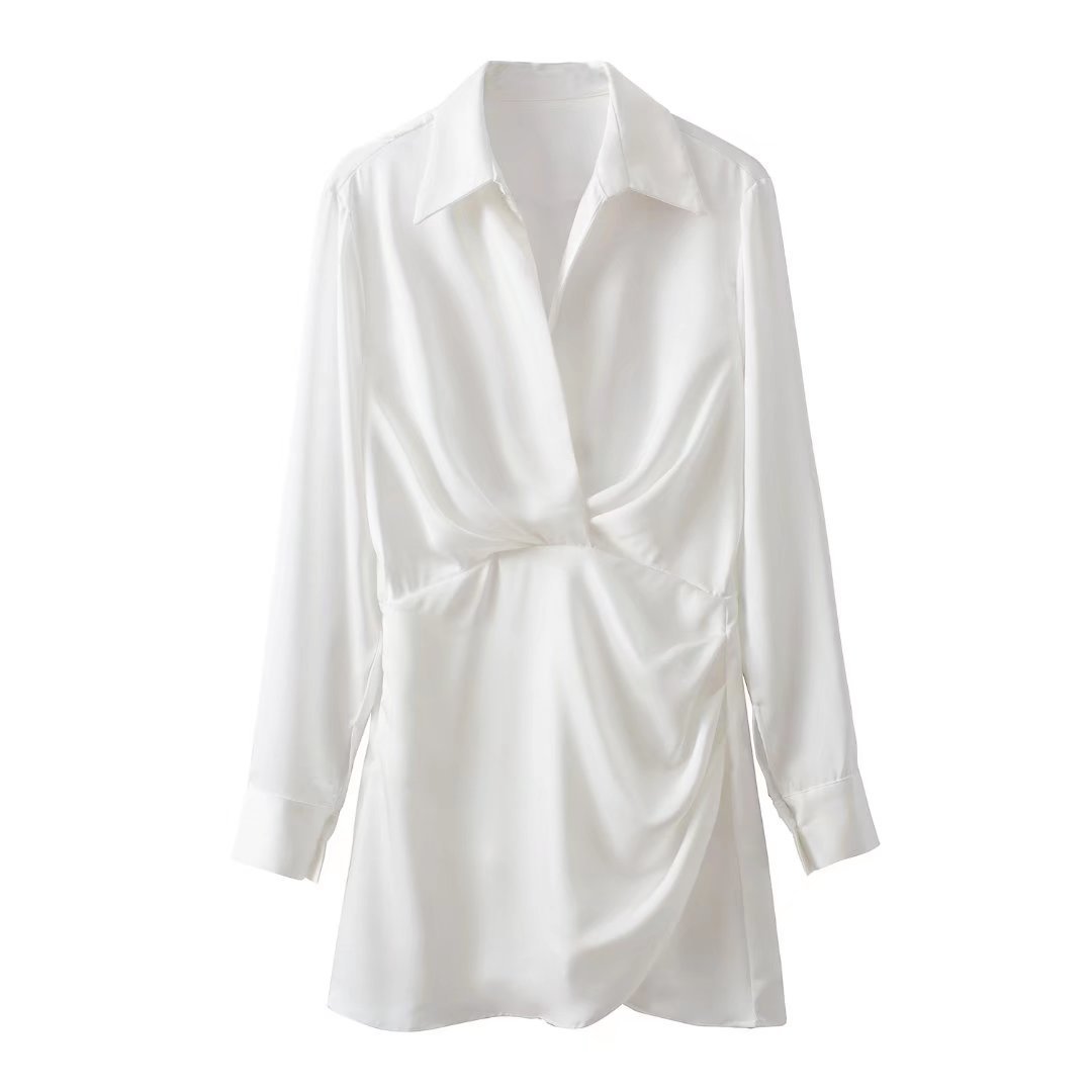 European And American Style Silk Satin Texture Waist Shirt Dress