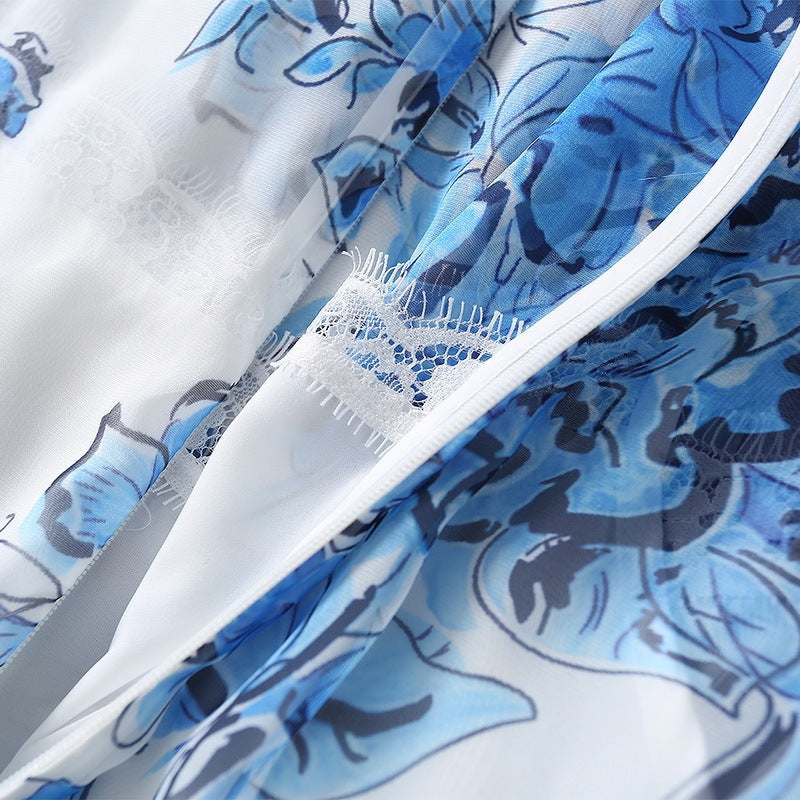 Silk Collar Blue And White Porcelain Printed Chiffon Fashion Dress