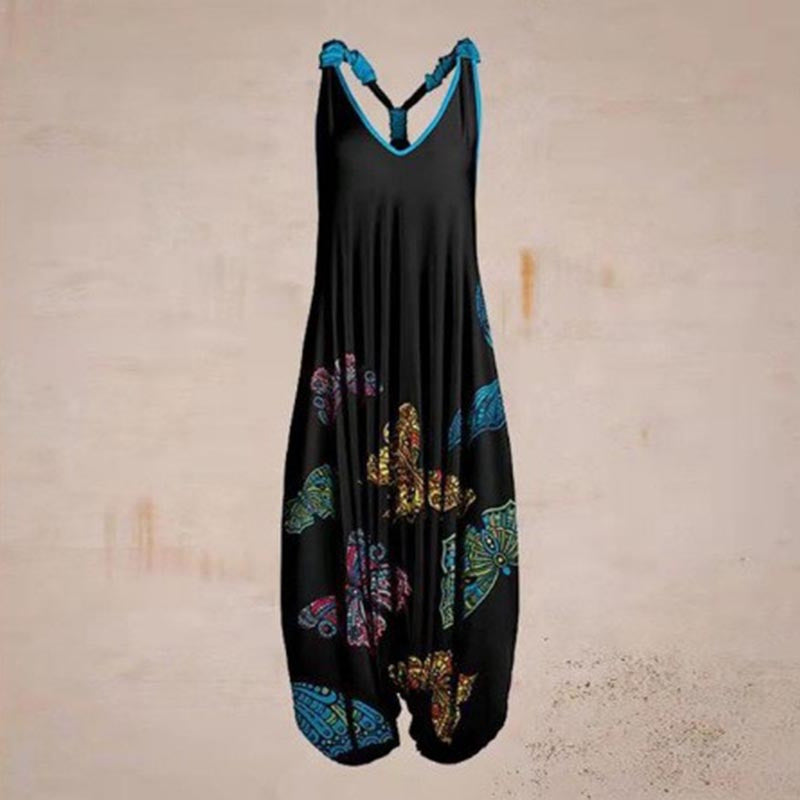Printed Sleeveless Loose Milk Silk Suspender Jumpsuit