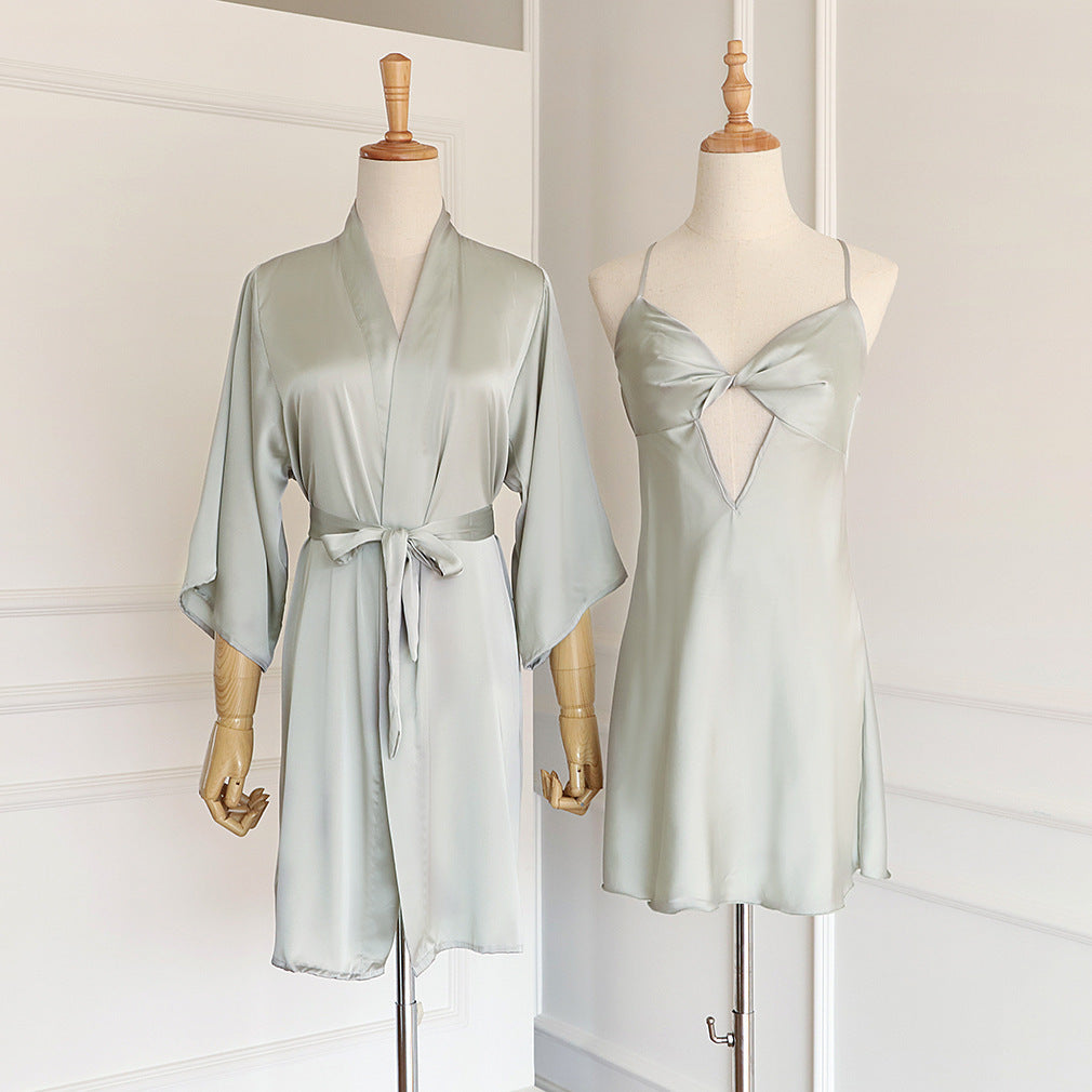 Ice Silk Pajama Suspender With Lace And Chest Pad