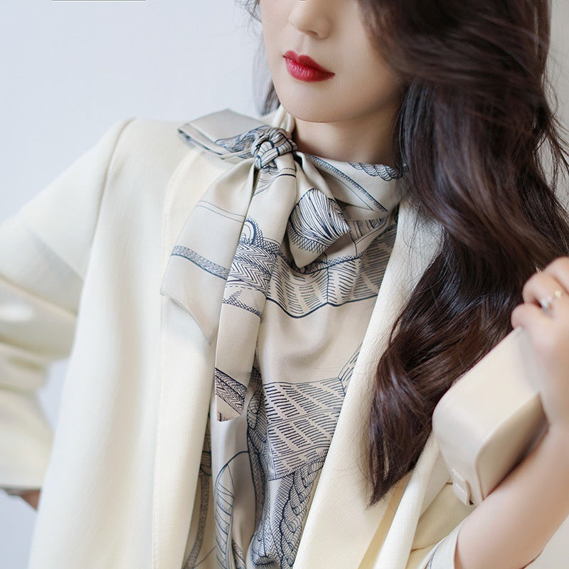 Bow Float Collar 16MM Twill Silk Printed Shirt Top