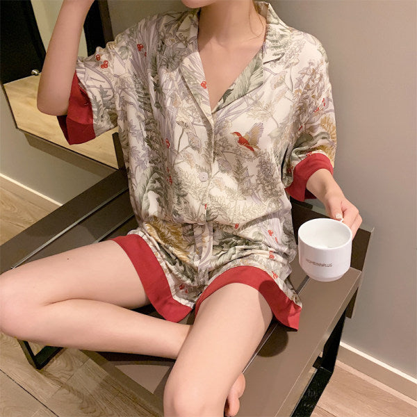 Ice Silk Short Sleeve Shorts Lapel Bird Pajamas Suit