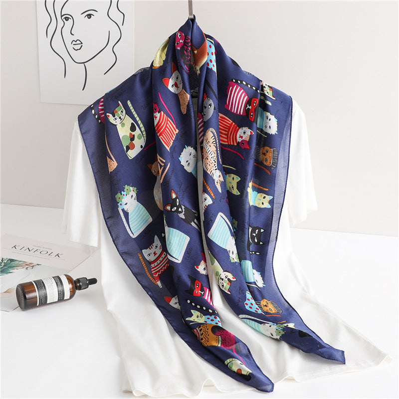 Cartoon Cat Silk Scarf Fashion Sun Protection
