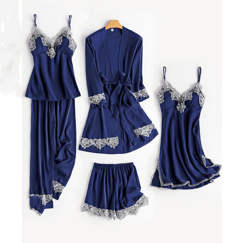 Ice Silk Thin Sling Nightdress Nightgown Five-piece Home Service