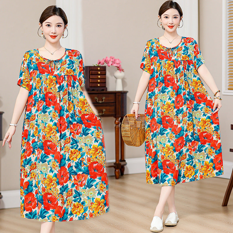 Loose Fat Mom Cotton Silk Long Skirt Cotton Summer