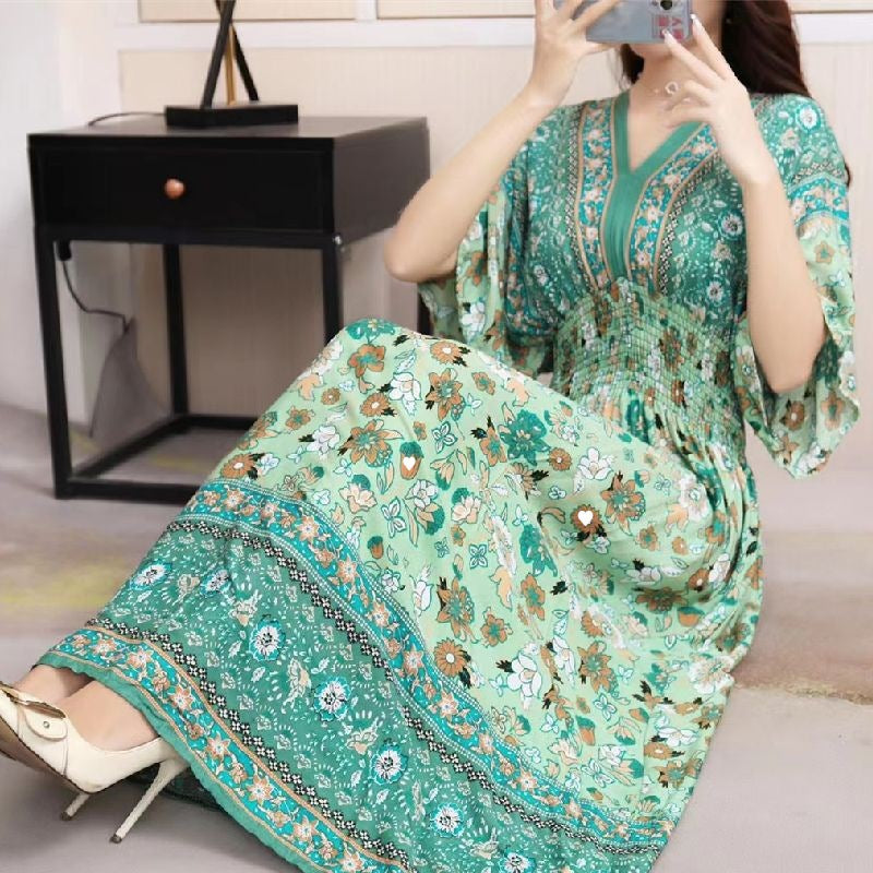 Women's Vintage Printed Cotton Silk Floral Dress