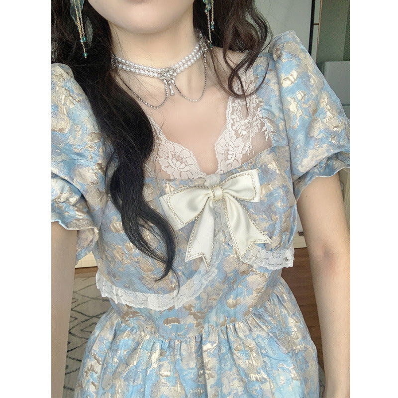 Summer New Holiday Bright Silk Jacquard Bow Dress
