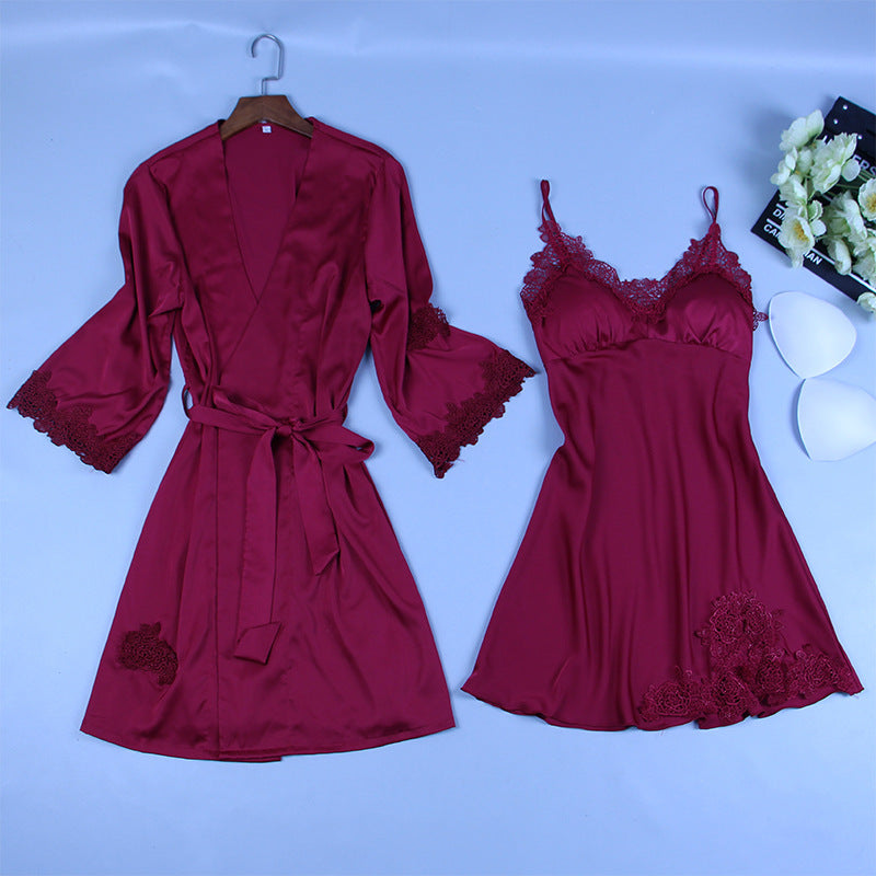 Long Sleeve Ice Silk Sling Nightgown Suit