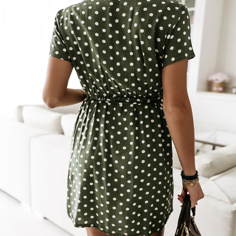 Polka Dot Ice Silk V-neck Short Sleeve Tie Dress