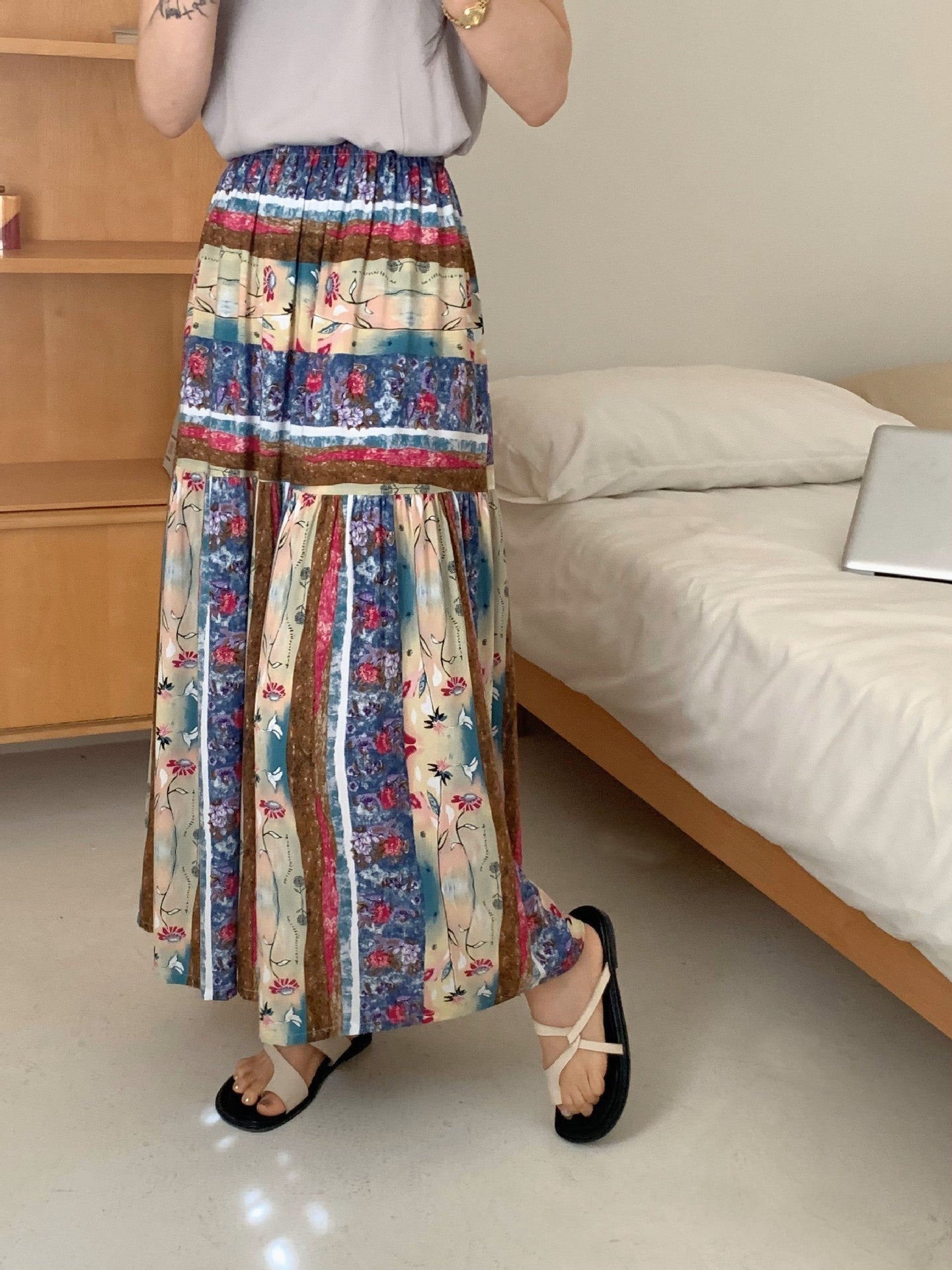 Women's Fashion Elegant Floral Cotton Silk Home Dress