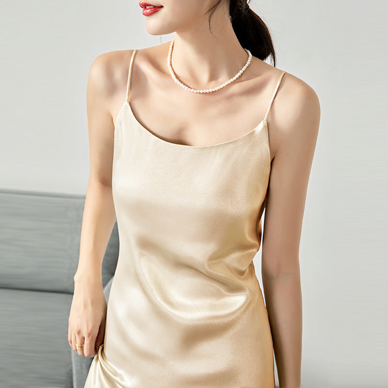 Mid-length silk sling acetate satin dress