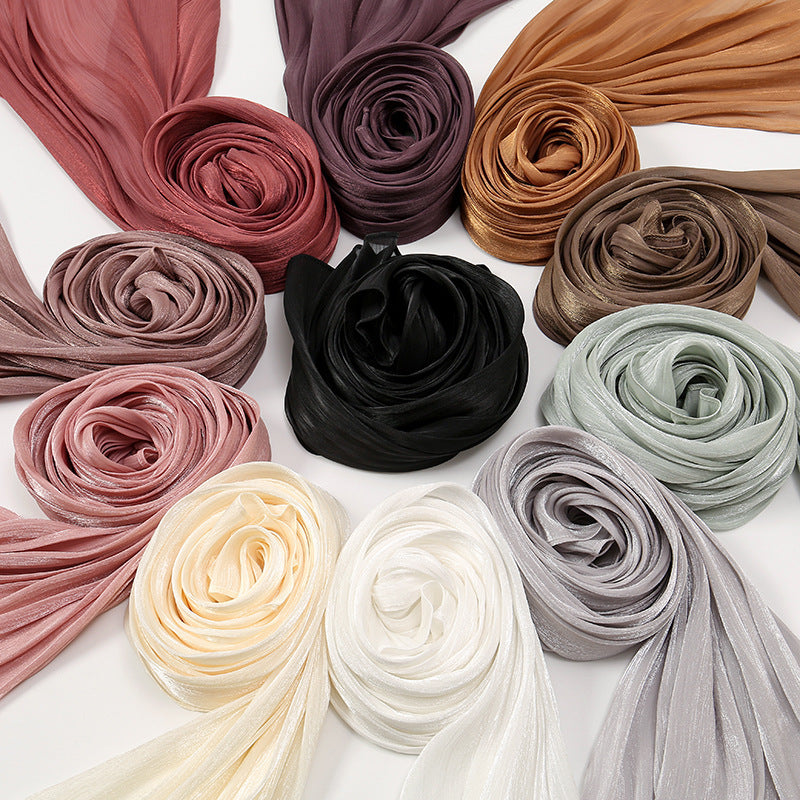 Breathable Bright Silk Chiffon Island Wrinkle Scarf Solid Color