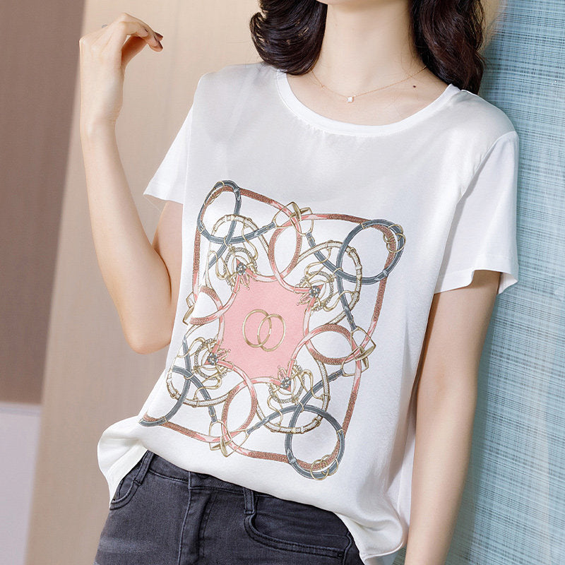 Printed silk white round neck T-shirt