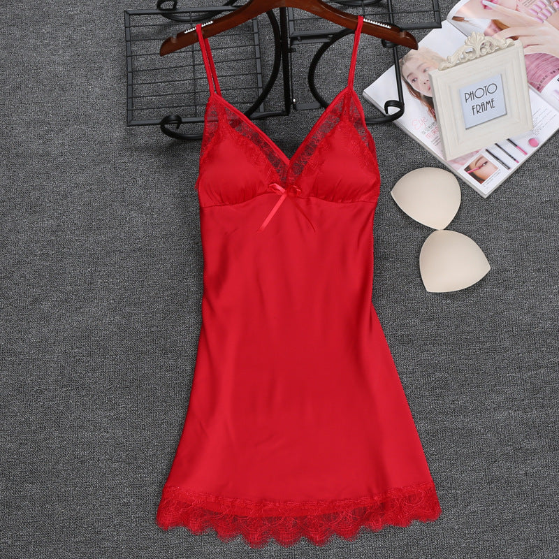 Ice Silk Sling Nightdress Solid Color With Chest Pad