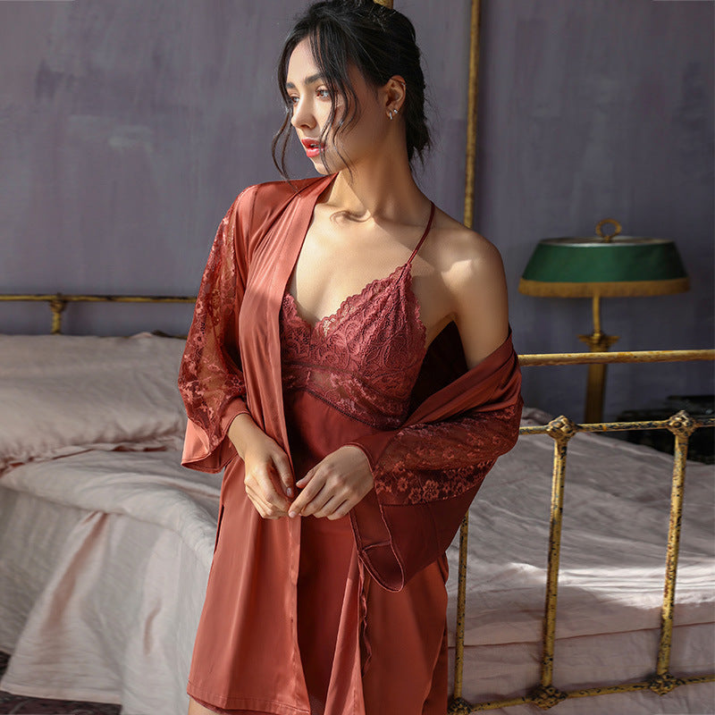 Spring And Autumn Summer Silk Halter Lace Temptation Nightgown
