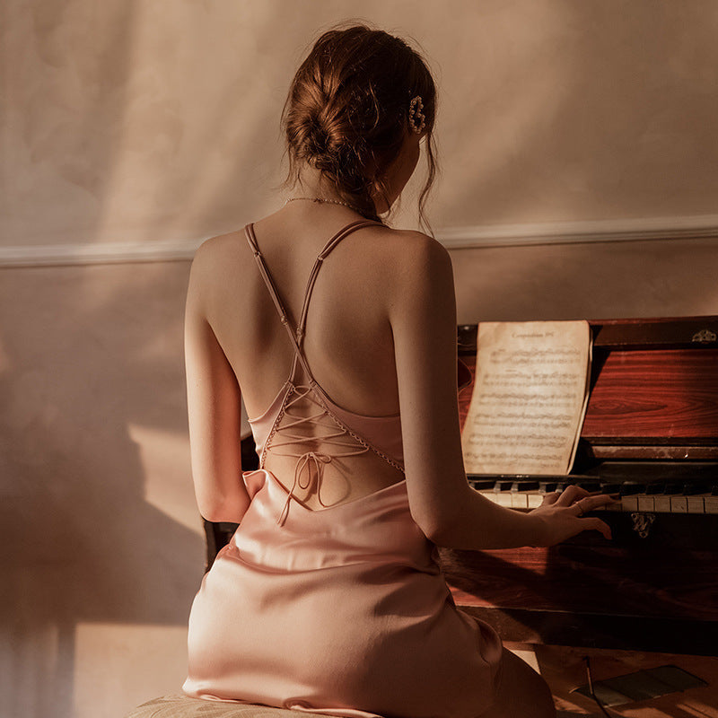 High-end sexy lace silk stitching nightdress
