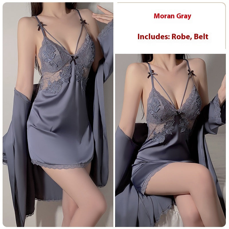 Ruoruo Ice Silk Pure Desire Slip Nightdress Outerwear Gown Suit