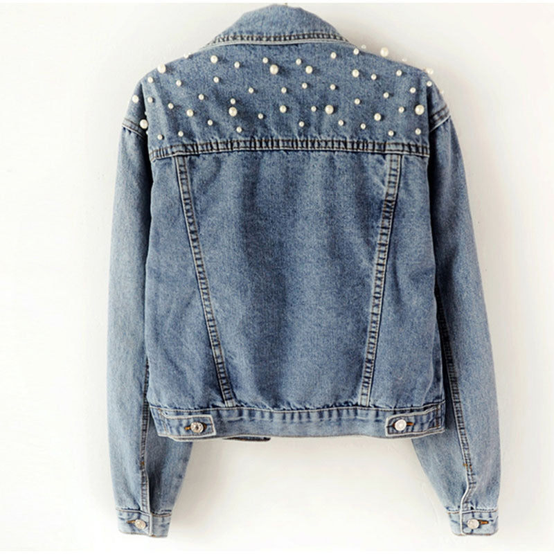 Beaded pearl loose casual women's denim jacket