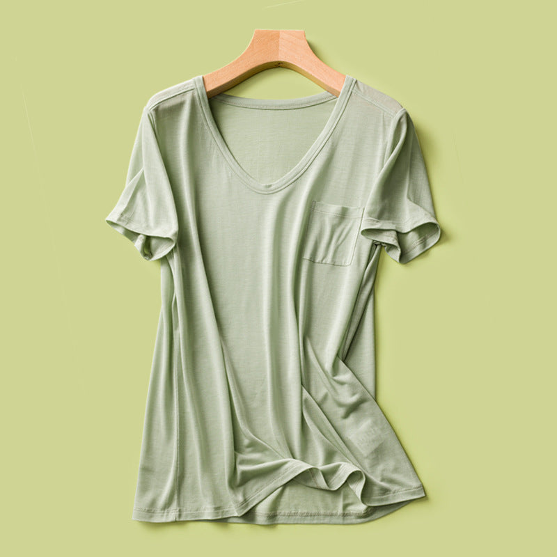 Pocket silk round neck short sleeves