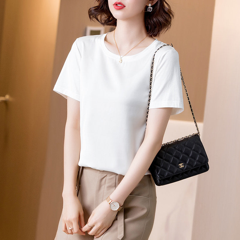 Printed silk white round neck T-shirt