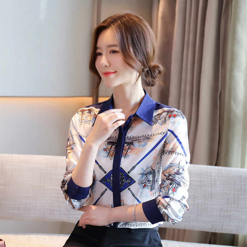 Women's long sleeve loose bottom silk shirt