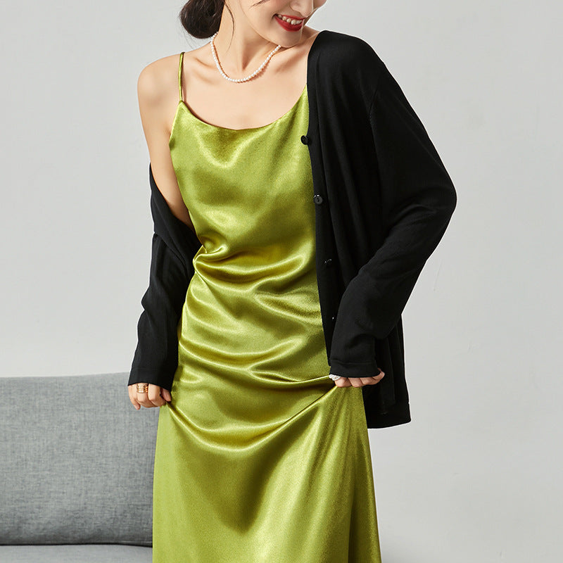 Mid-length silk sling acetate satin dress