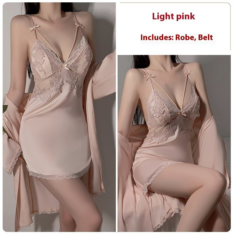 Ruoruo Ice Silk Pure Desire Slip Nightdress Outerwear Gown Suit