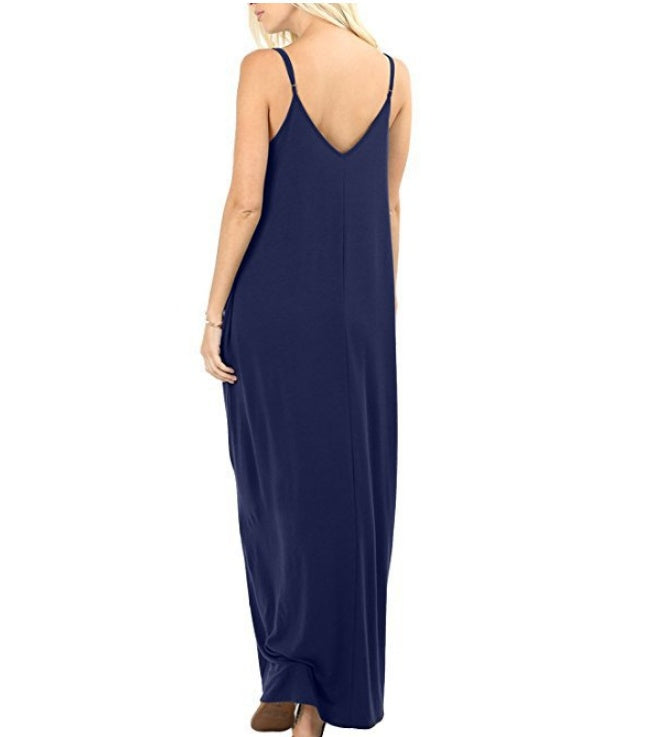 European and American milk silk solid color pocket camisole dress