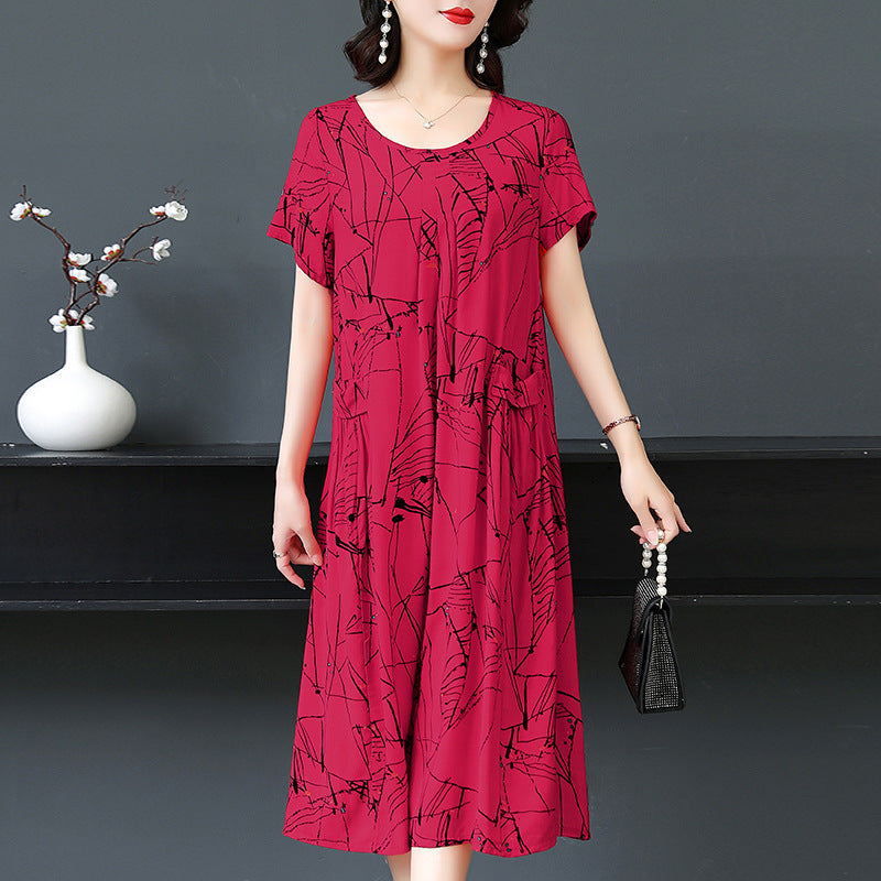 Plus Size Middle-aged And Elderly Cotton Silk Meat-covering Dress