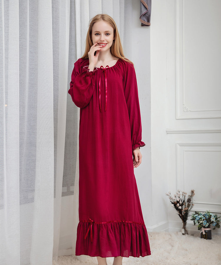 Women's Loose Breathable Long Sleeve Cotton Silk Homewear Nightdress