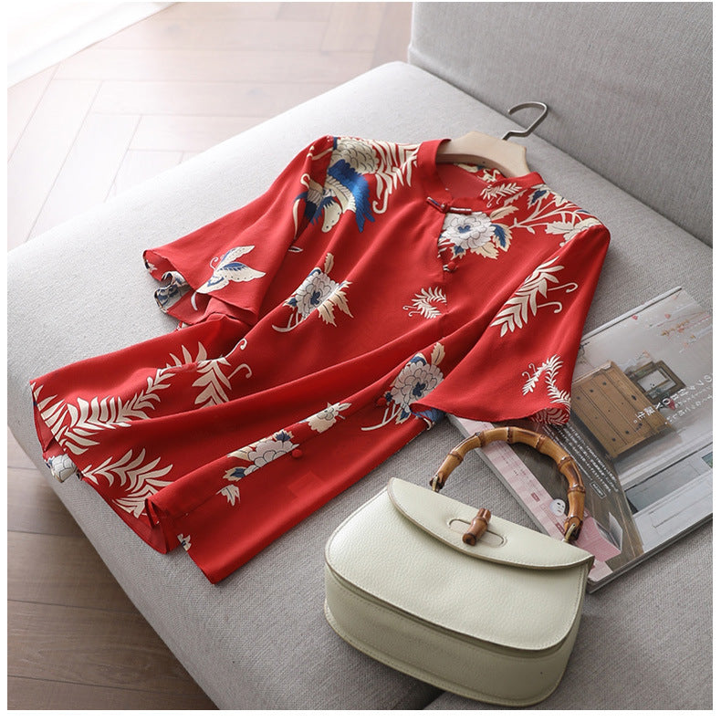 Chinese Style Women's Stand-up Collar Silk Shirt Women