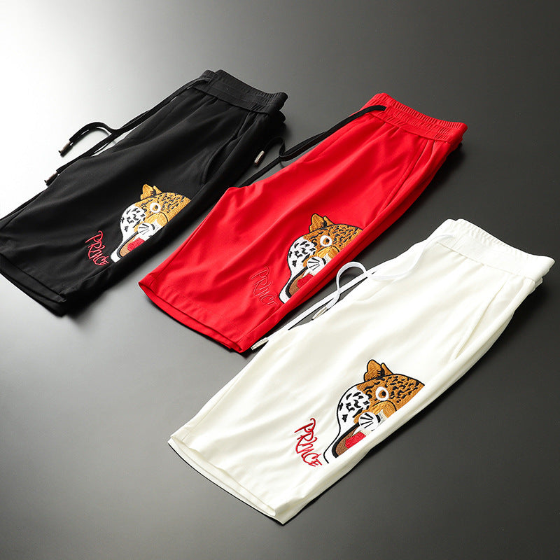 Summer Thin Ice Silk Men's Embroidered Capris