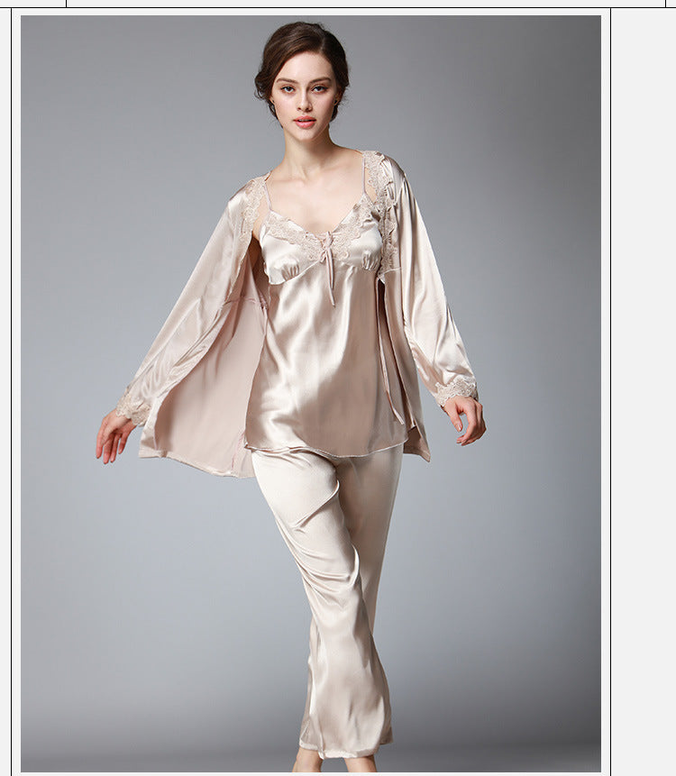 Three-piece Silk Pajamas Women's Spring Long-Sleeved Trousers