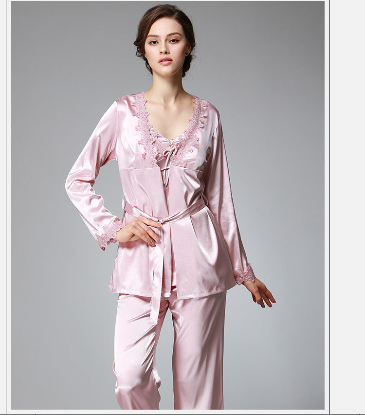 Three-piece Silk Pajamas Women's Spring Long-Sleeved Trousers