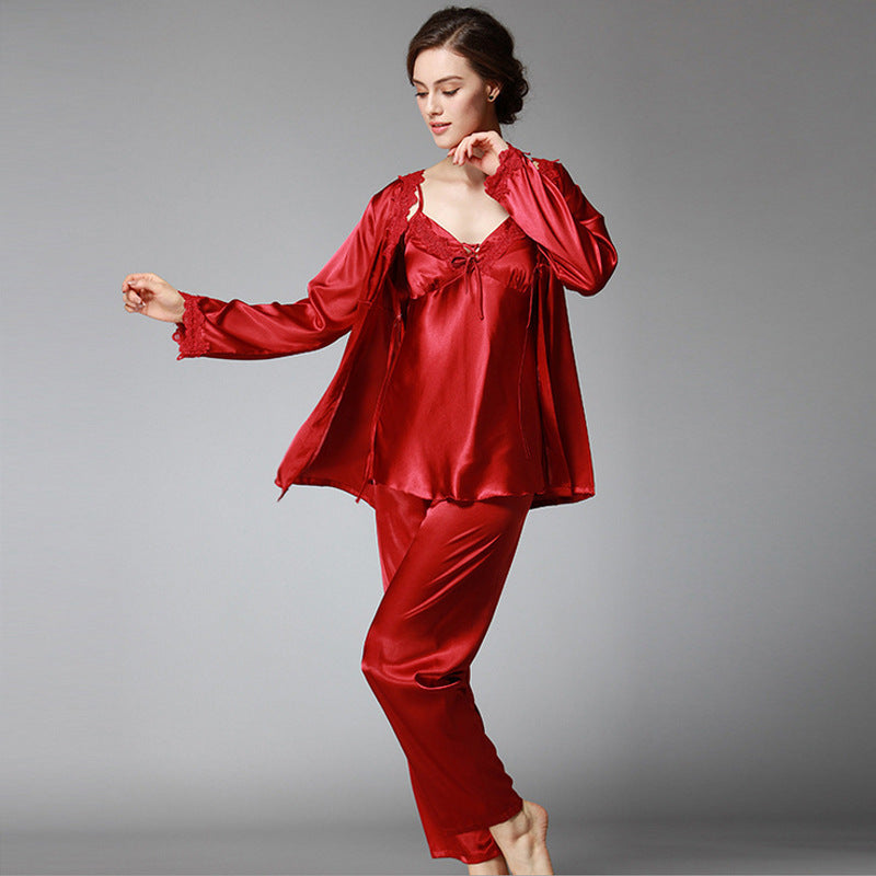 Three-piece Silk Pajamas Women's Spring Long-Sleeved Trousers