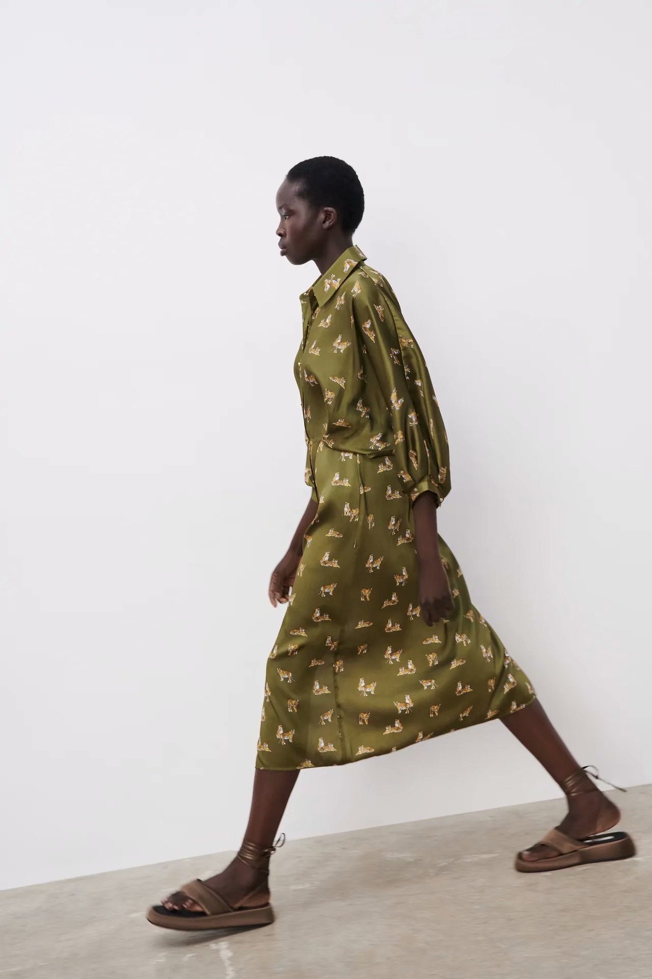 New Women's Silk Satin Texture Fashionable Printed Shirt Dress
