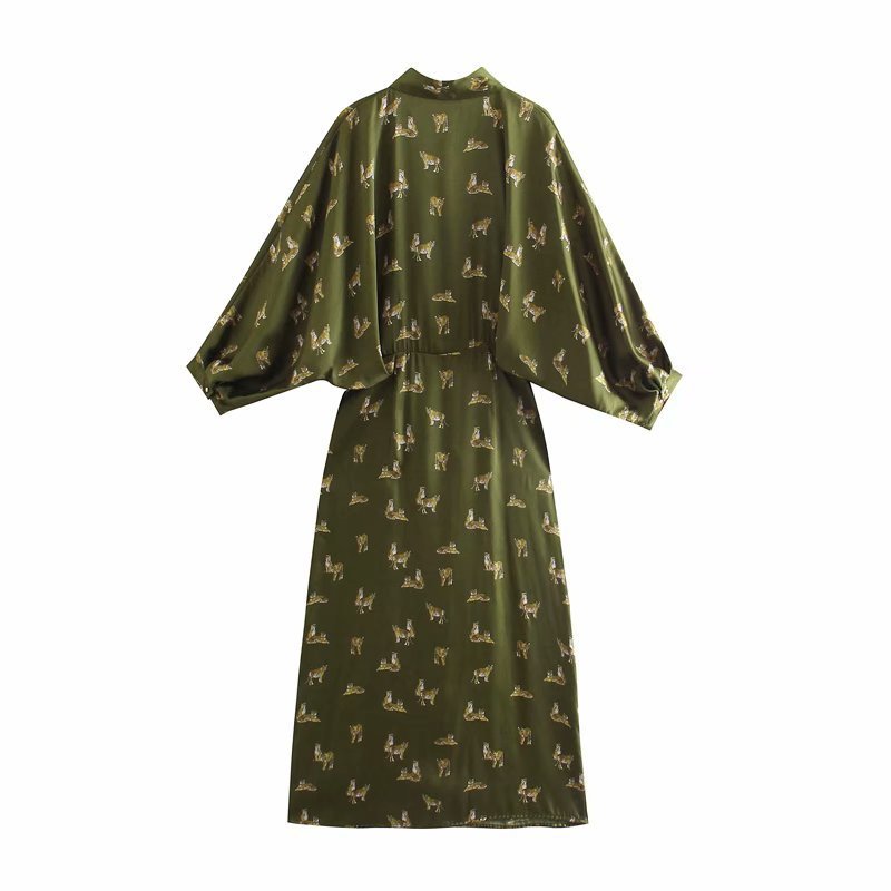 New Women's Silk Satin Texture Fashionable Printed Shirt Dress