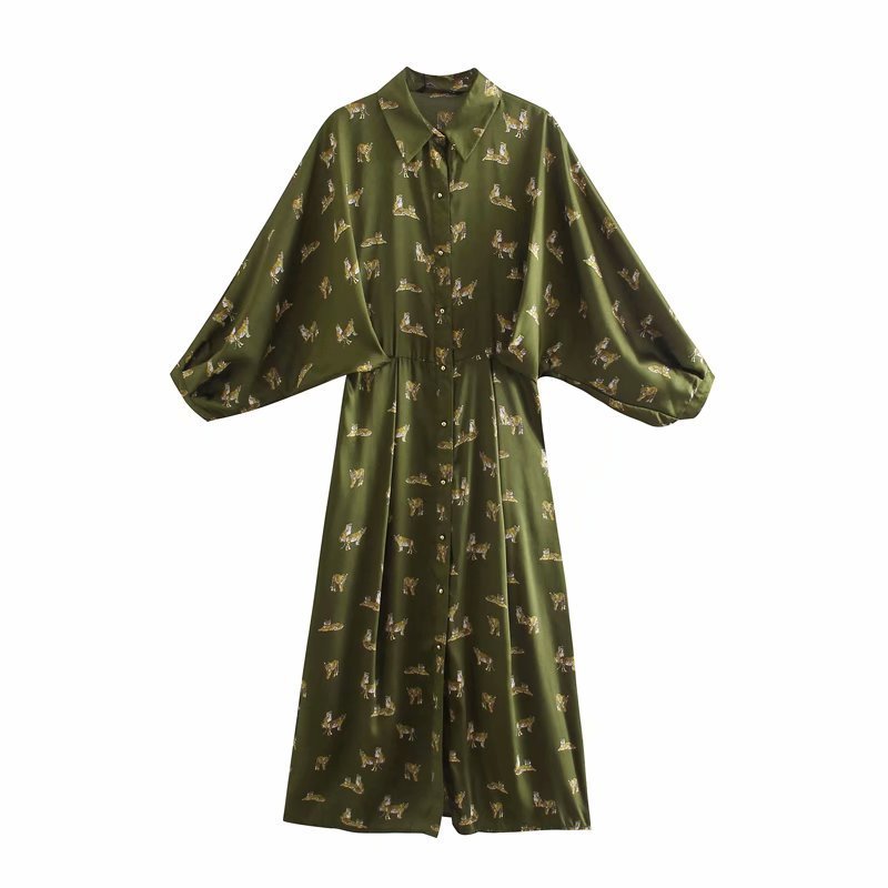 New Women's Silk Satin Texture Fashionable Printed Shirt Dress